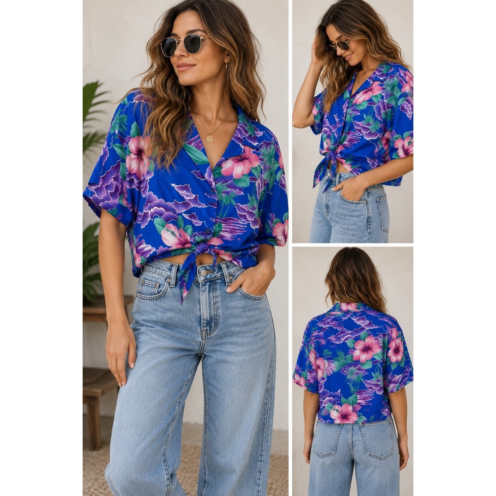 Hilo Hattie Aloha Shirt Womens XL Blue Pink Hibiscus Tropical Tie Front Hawaii